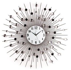 Zegar ścienny metalowy z elementami dekoracyjnymi w postaci kryształowych czarnych, dymionych i przeźroczystych kuleczek HJ21